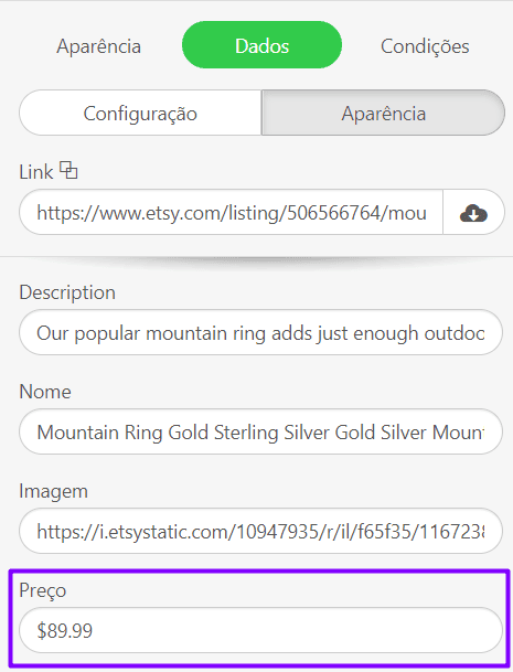 Editando pre&ccedil;os para elementos inteligentes