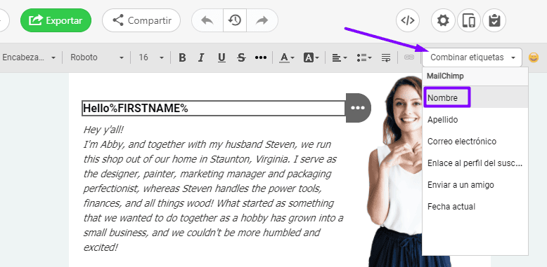 Recopilaci&oacute;n de datos para comercializadores de correo electr&oacute;nico_Adici&oacute;n de etiquetas de combinaci&oacute;n en correos electr&oacute;nicos para direccionar por nombres