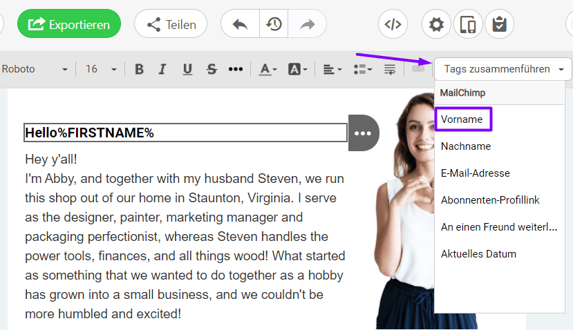 Beispiele für Willkommens-E-Mails_Hinzufügen von Seriendruck-Tags zu E-Mails