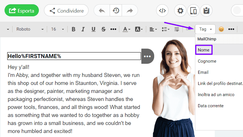 Esempi di email di benvenuto_Aggiunta di tag di unione alle email