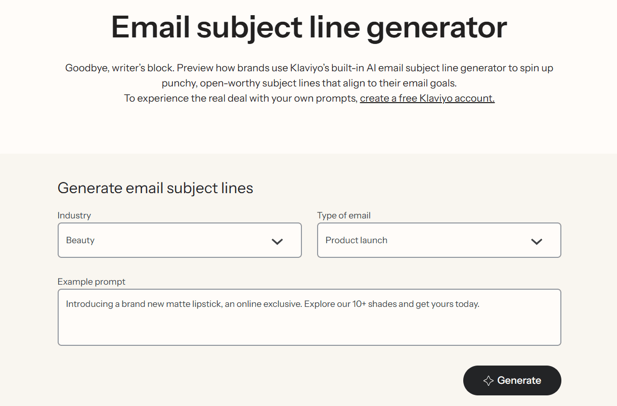 The Klaviyo subject line generator design