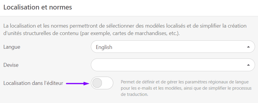 Paramètres Langues dans la section Localisation Paramètres Langues dans la section Localisation