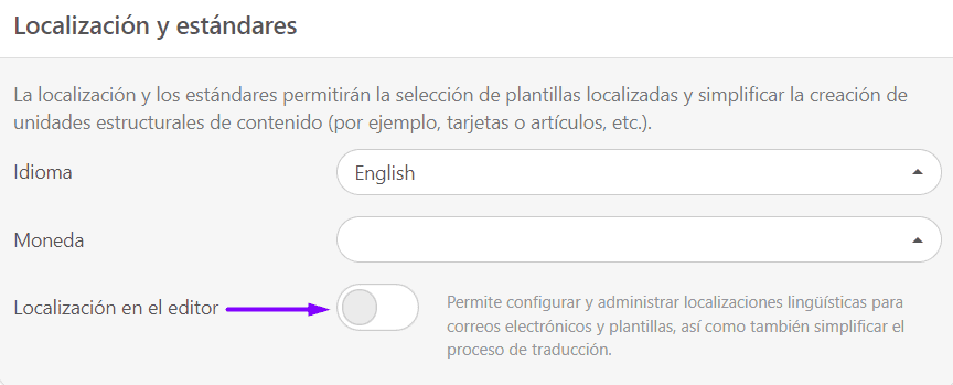 Configuración de idiomas en la sección de localización Configuración de idiomas en la sección de localización