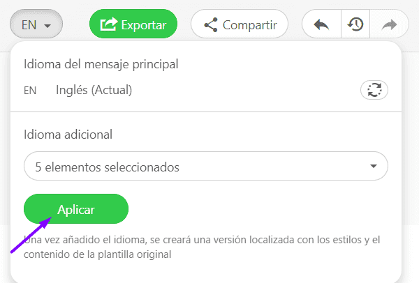 El botón Aplicar en el traductor de correo electrónico de Stripo El botón Aplicar en el traductor de correo electrónico de Stripo