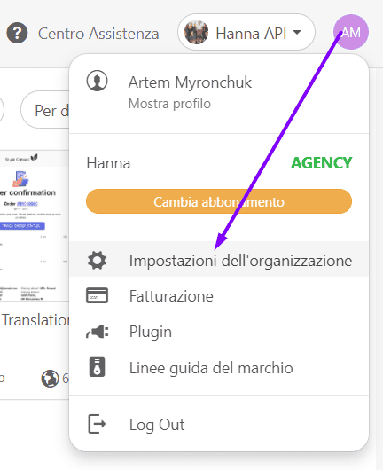 Servizio di traduzione e-mail_Profilo_Impostazioni dell'organizzazione Servizio di traduzione e-mail_Profilo_Impostazioni dell'organizzazione