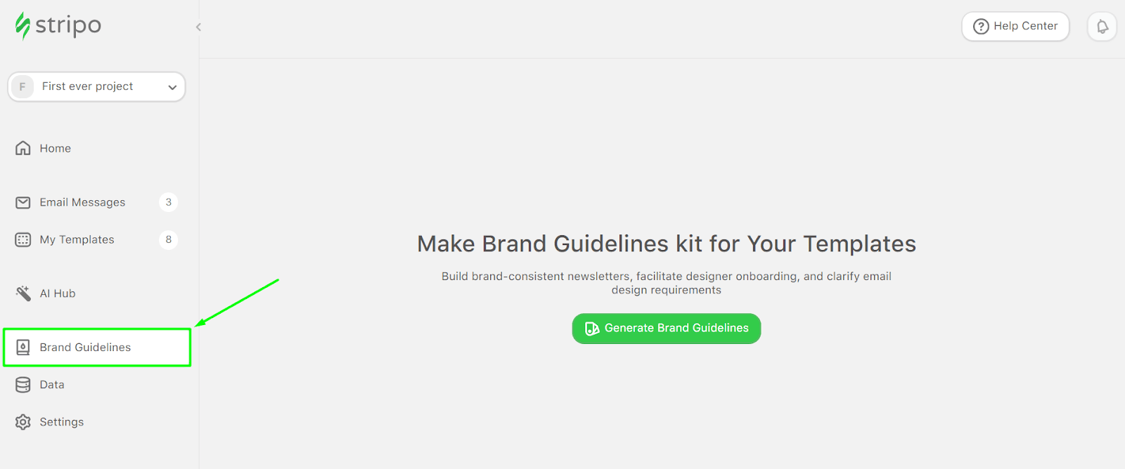 The brand guidelines tab in the email template editor