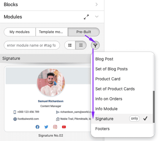 Módulos de firma de correo electrónico de Stripo Módulos de firma de correo electrónico de Stripo