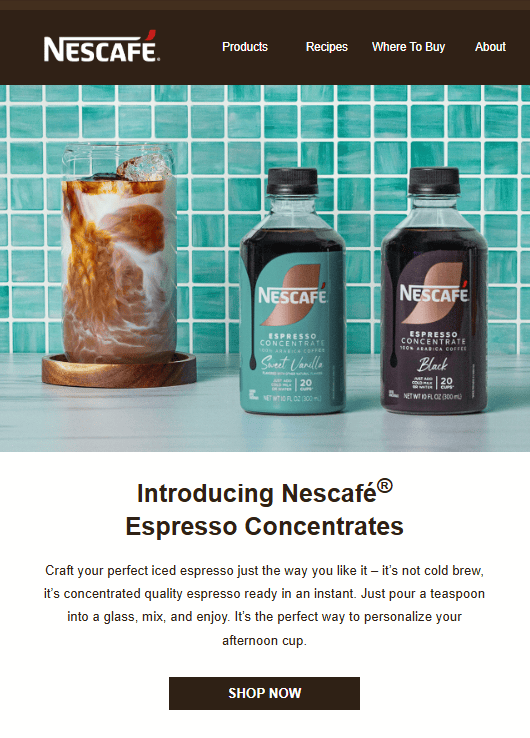 Email di lancio del prodotto da Nescafé