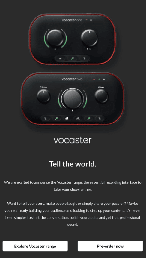 Email di lancio del prodotto da Vocaster