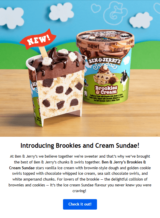 Email di lancio del prodotto da Ben & Jerry's