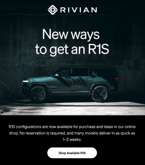 Email di lancio del prodotto da Rivian