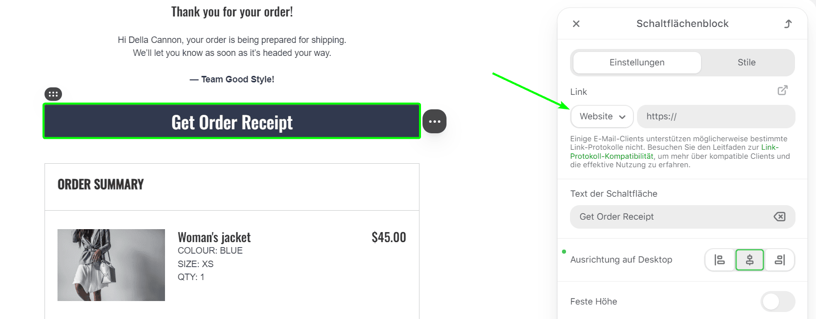 Ein Beispiel für eine Schaltfläche mit Hyperlink in einer Stripo-E-Mail-Vorlage Ein Beispiel für eine Schaltfläche mit Hyperlink in einer Stripo-E-Mail-Vorlage