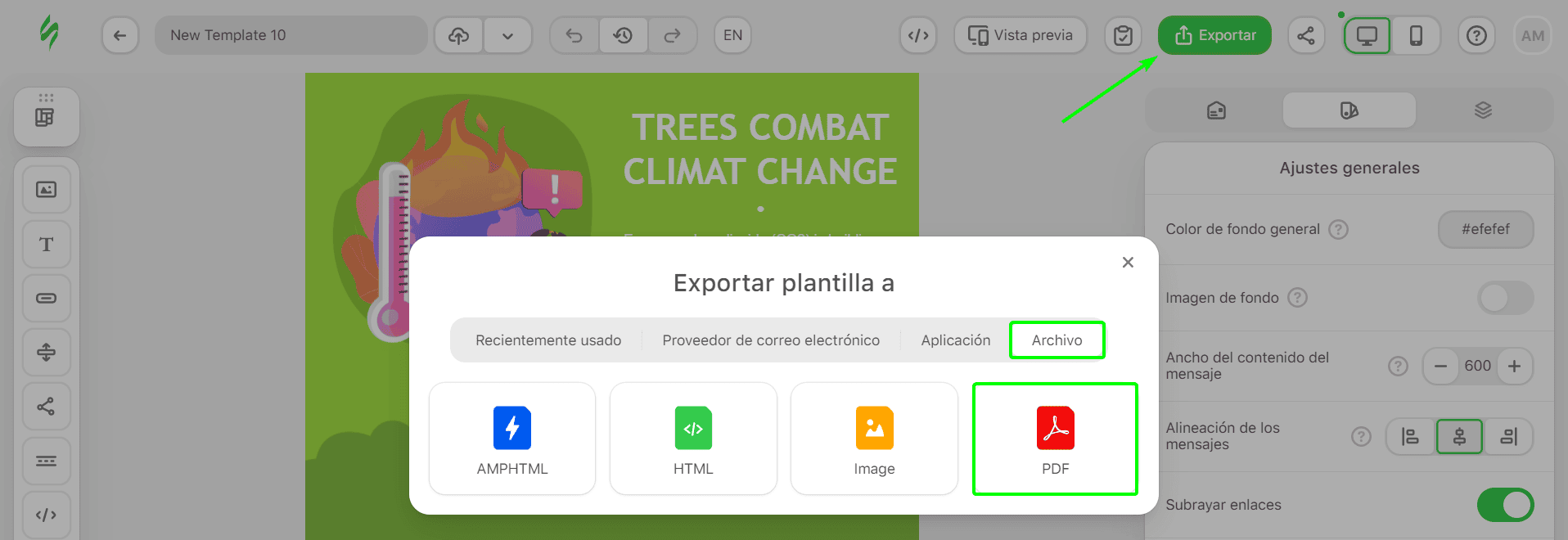 Pasos sobre c&oacute;mo exportar una plantilla de correo electr&oacute;nico como archivo PDF
