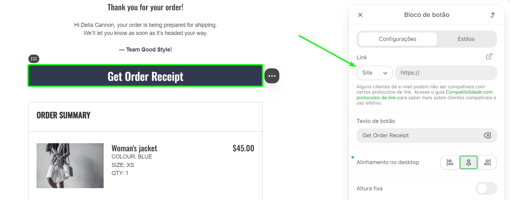 Um exemplo de um bot&atilde;o com hiperlink no modelo de e-mail Stripo