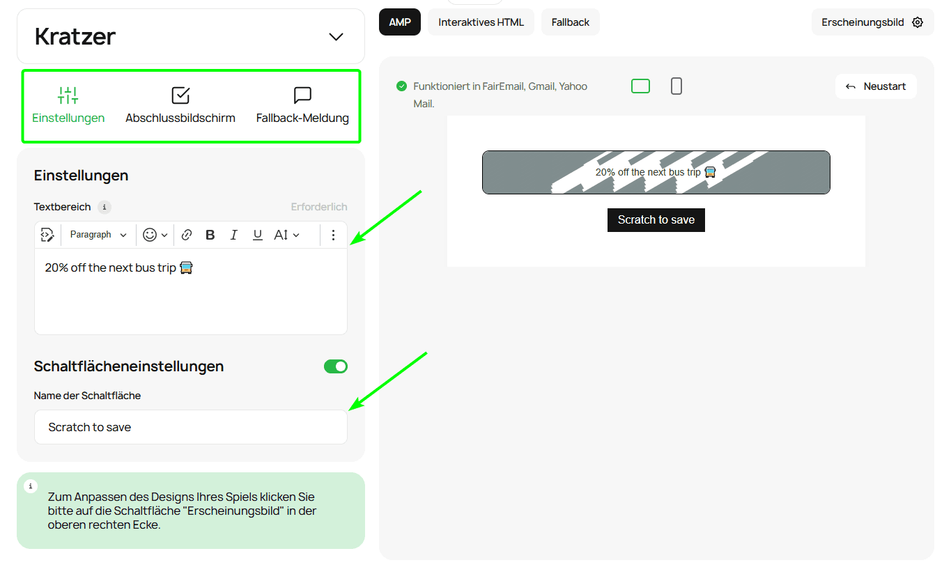 Elemente der Rubbellos-Moduleinstellungen Elemente der Rubbellos-Moduleinstellungen