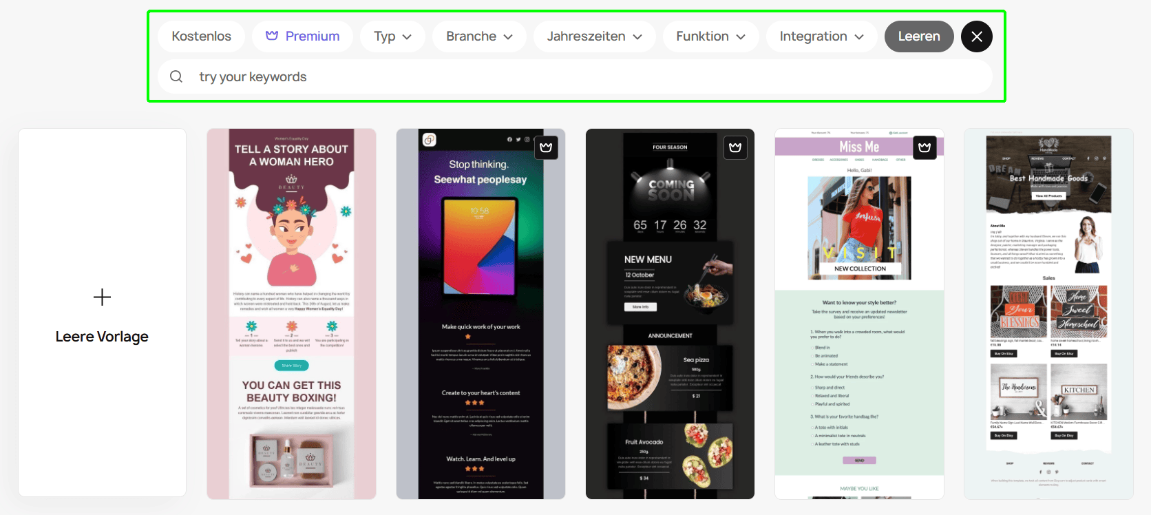 Filter- und Stichwortsuche auf der Vorlagenseite Filter- und Stichwortsuche auf der Vorlagenseite