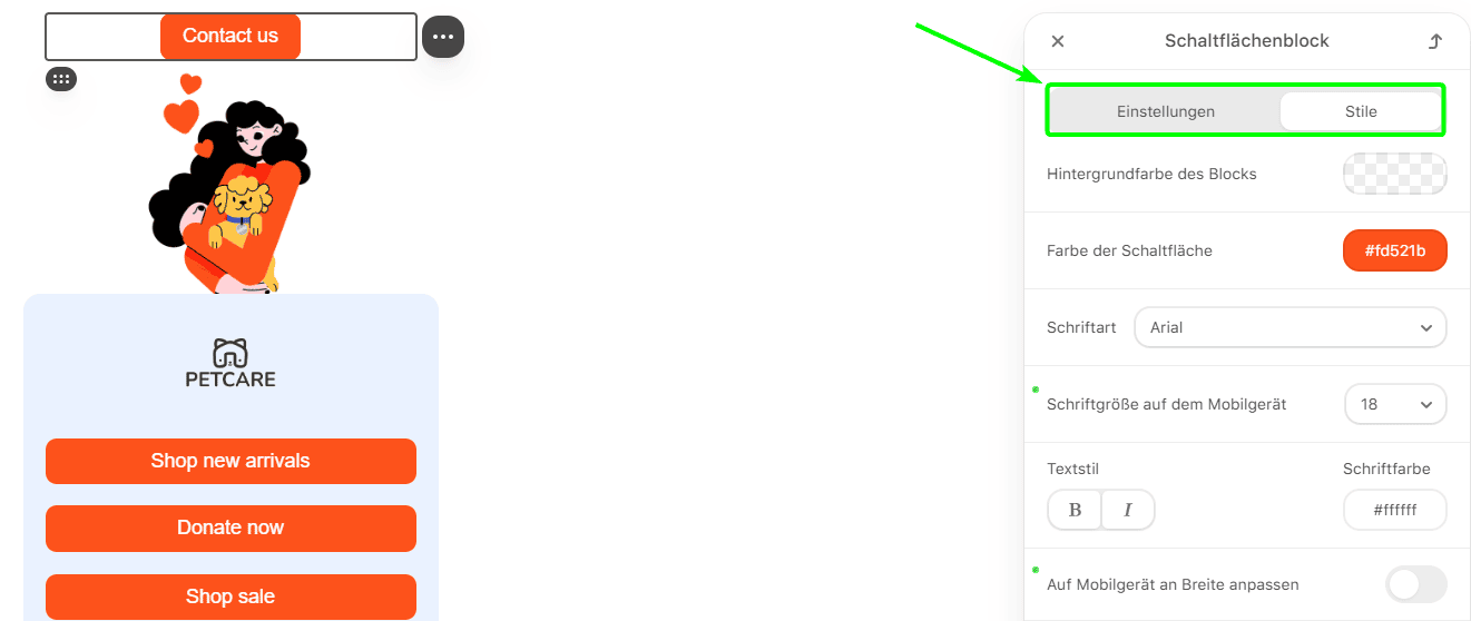 Die Abschnitte Einstellungen und Stile des Schaltflächenblocks Die Abschnitte Einstellungen und Stile des Schaltflächenblocks