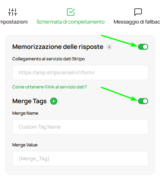 Alterna le opzioni per abilitare la memorizzazione delle risposte e i tag Merge nel modulo