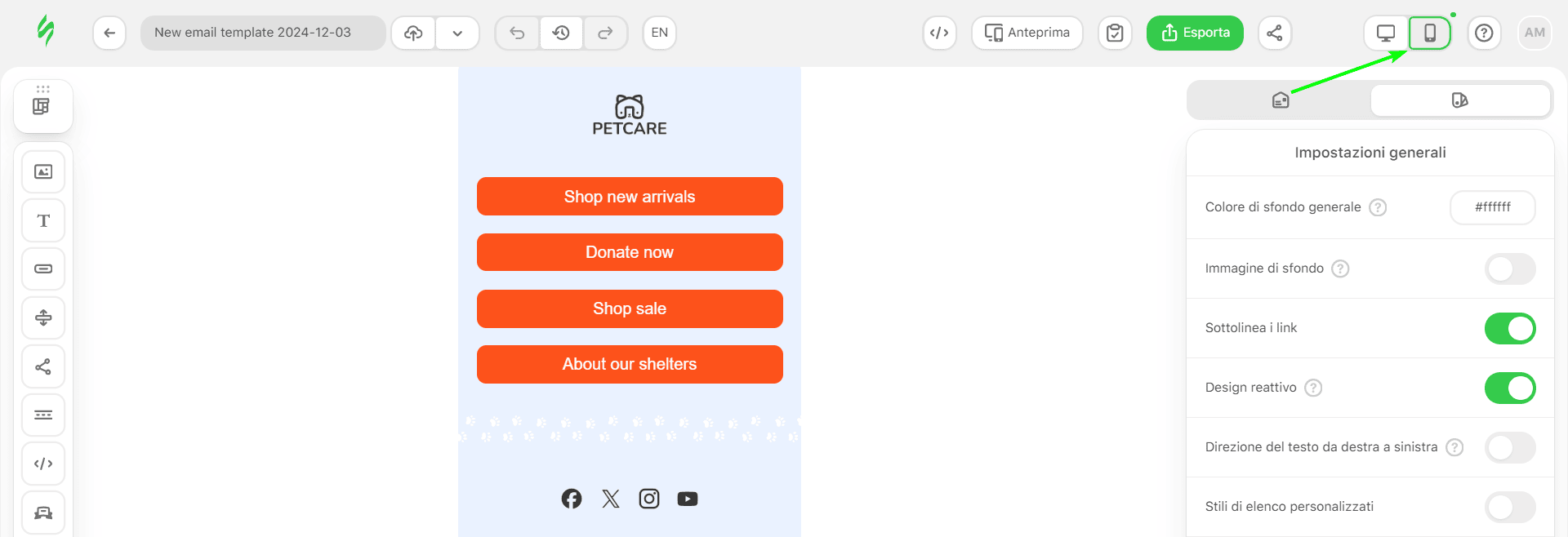 Un'icona per passare alla visualizzazione del dispositivo mobile