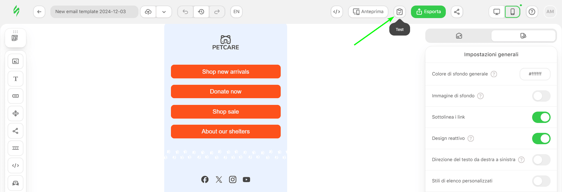 L'icona Testo per eseguire un controllo del client di posta elettronica
