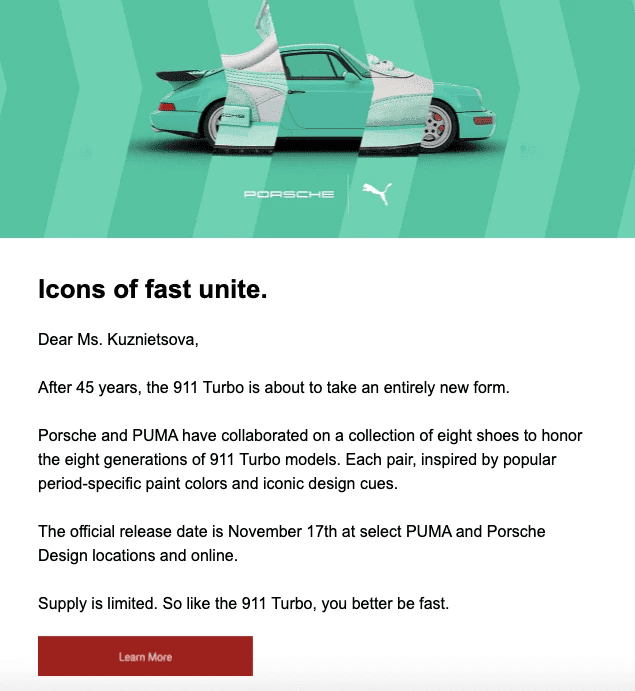 Email di lancio del prodotto da Porsche