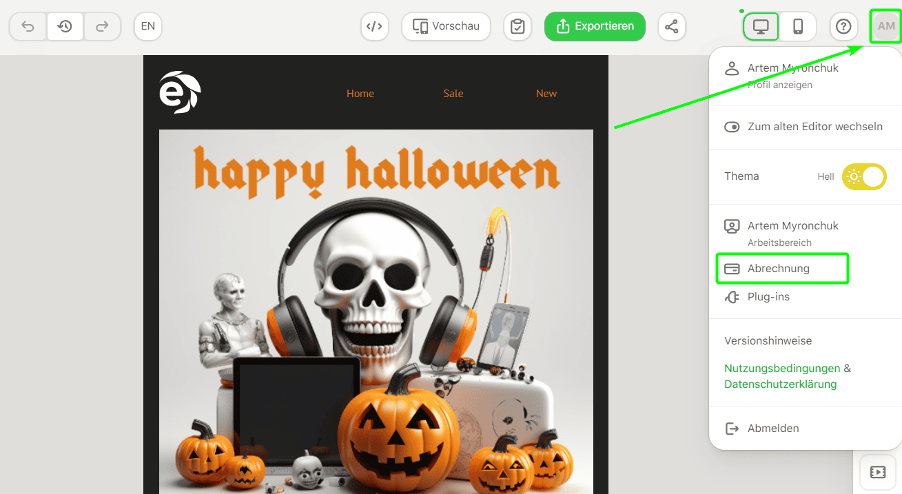 Profil-Button im Editor