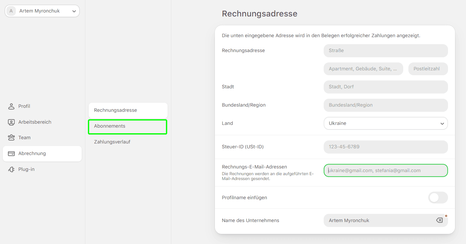 Registerkarte Abonnements im Abrechnungsmen&uuml;
