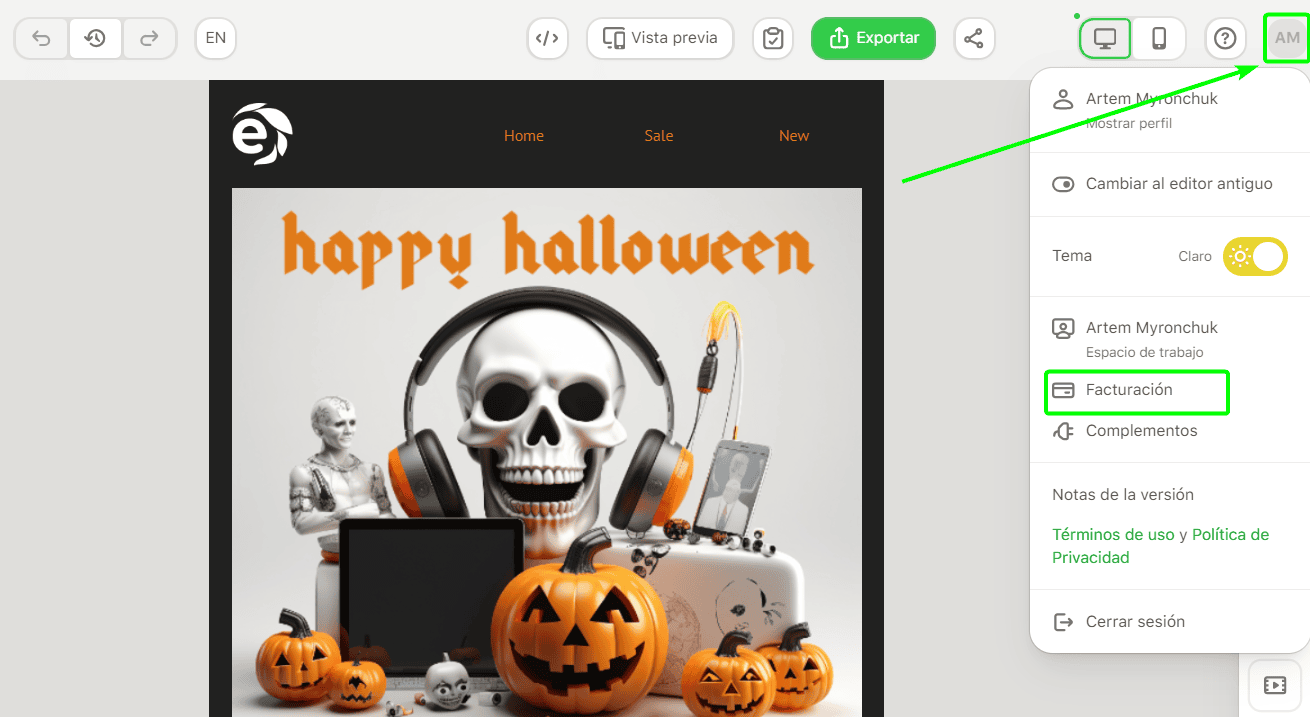 Botón de perfil en el editor Botón de perfil en el editor