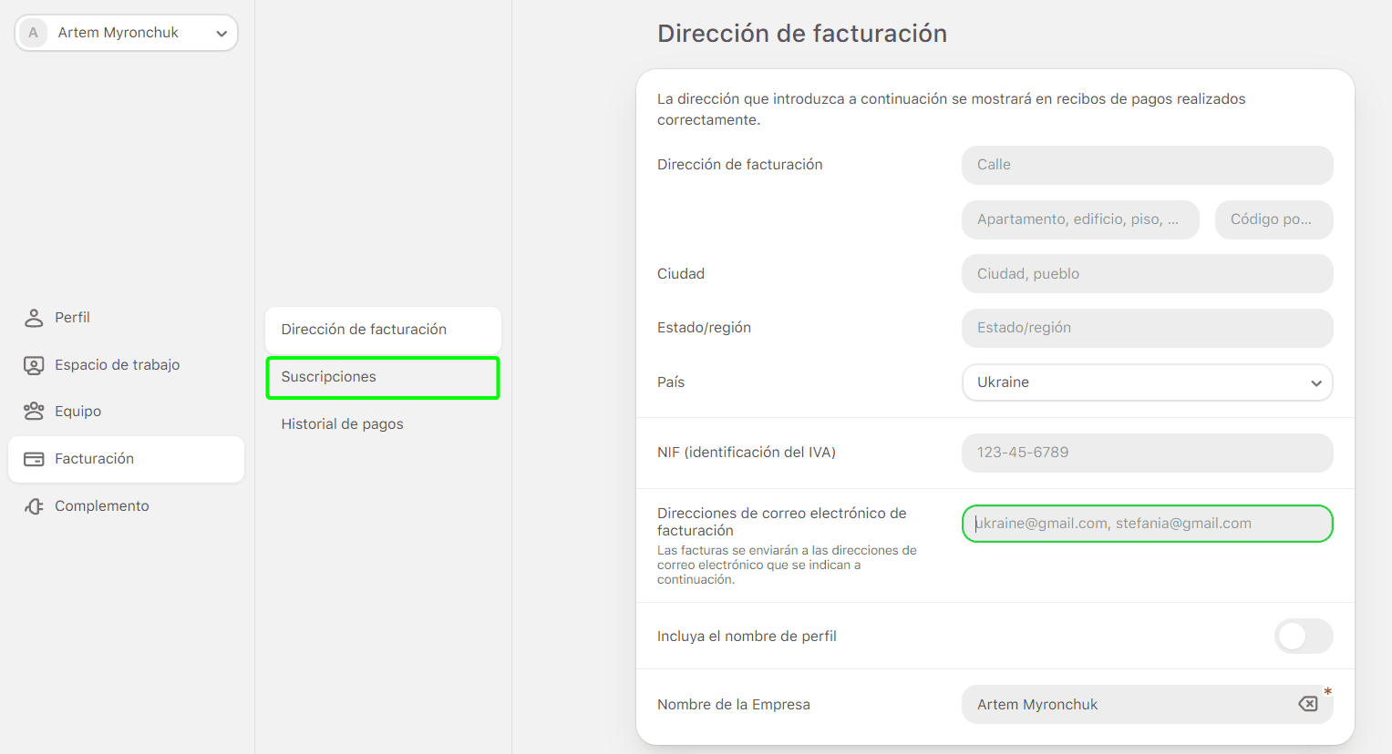 Pestaña de suscripciones en el menú de facturación Pestaña de suscripciones en el menú de facturación