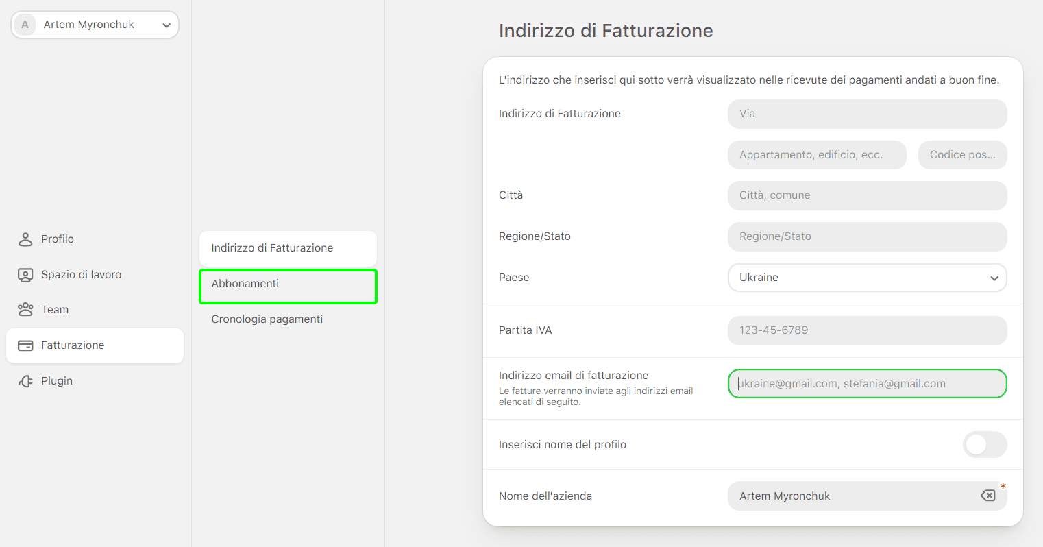 Scheda abbonamenti nel menu fatturazione