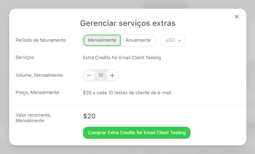 Comprando mais testes de e-mail