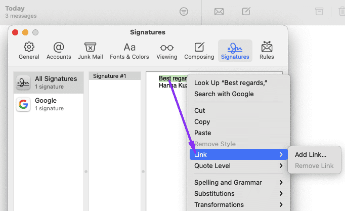 Додавання посилання у підпис в Apple Mail