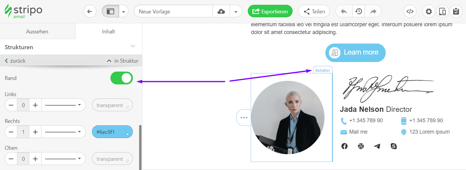 Erstellen von E-Mail Signaturen mit Stripo _ Hinzufügen von Rändern