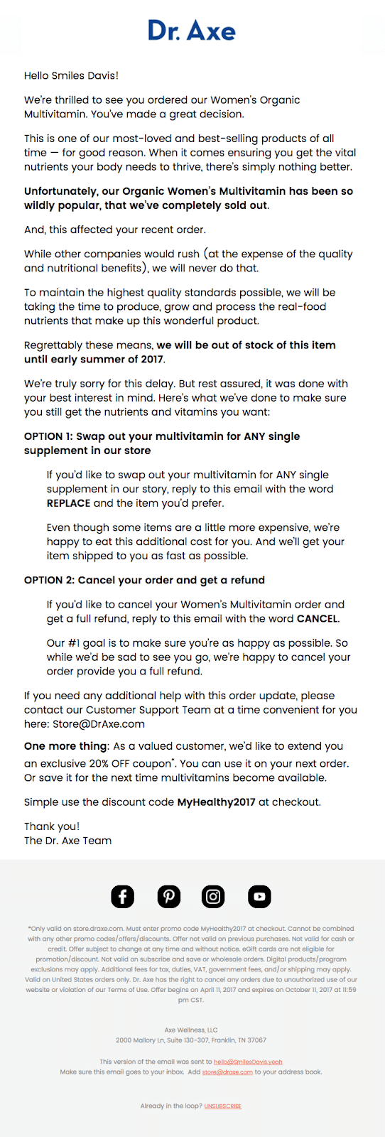 Out-of-stock email example from Axe Wellness Out-of-stock email example from Axe Wellness