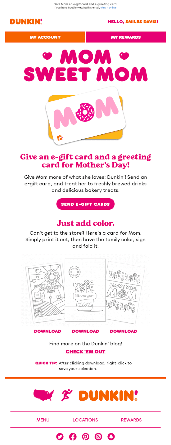 Gift card email example from Dunkin’ Donuts for your next marketing campaign
