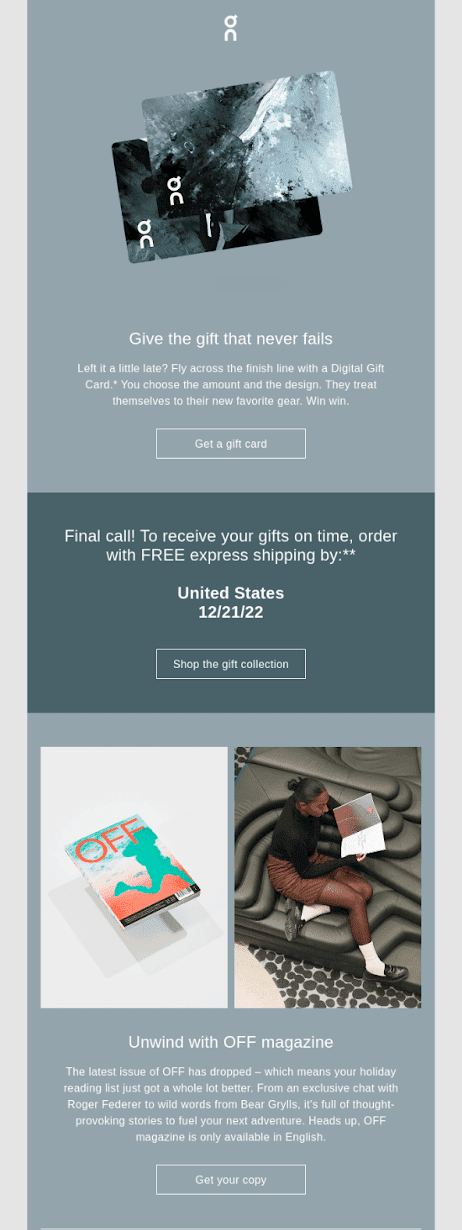 Digital gift card email example from On