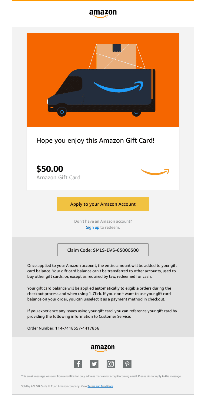 Gift card email example from Amazon