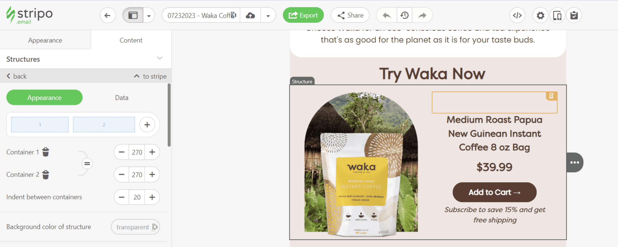 Example of 50/50 container size