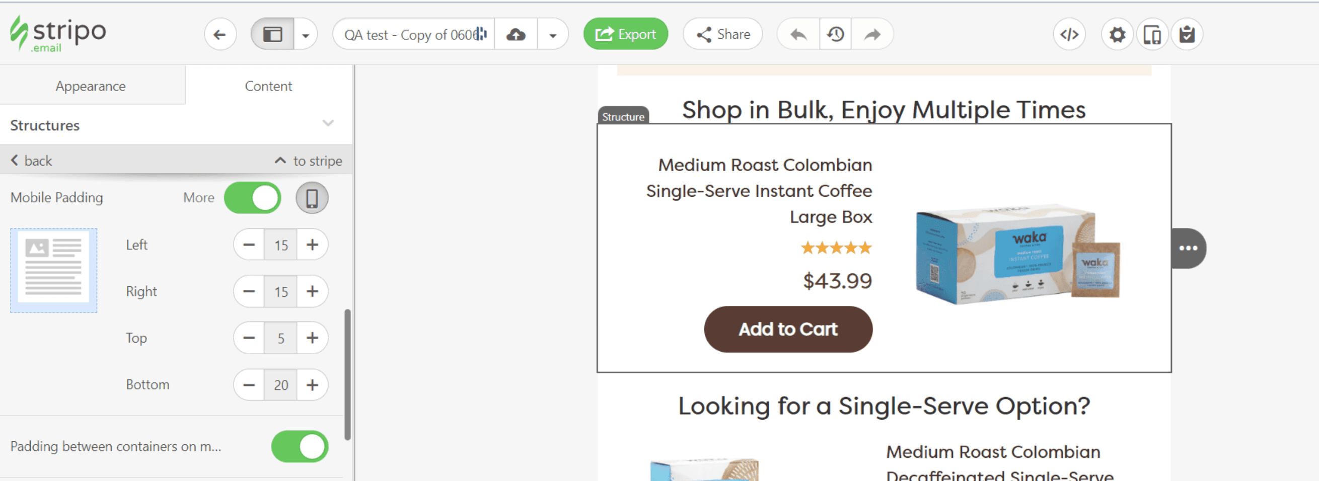 Mobile formatting of live blocks