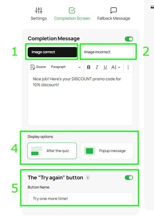 Completion Screen Settings