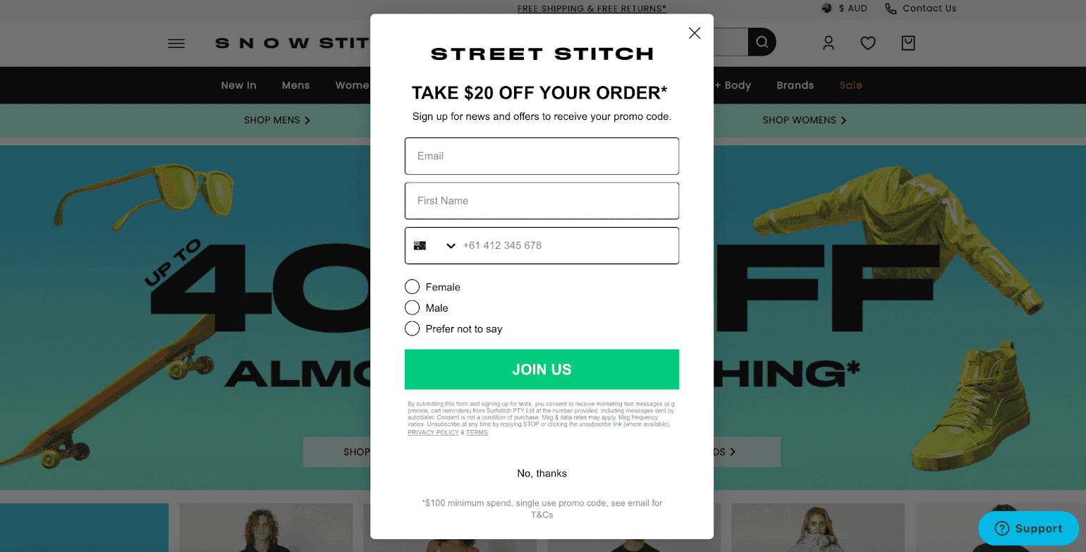 eCommerce store opt-in form example