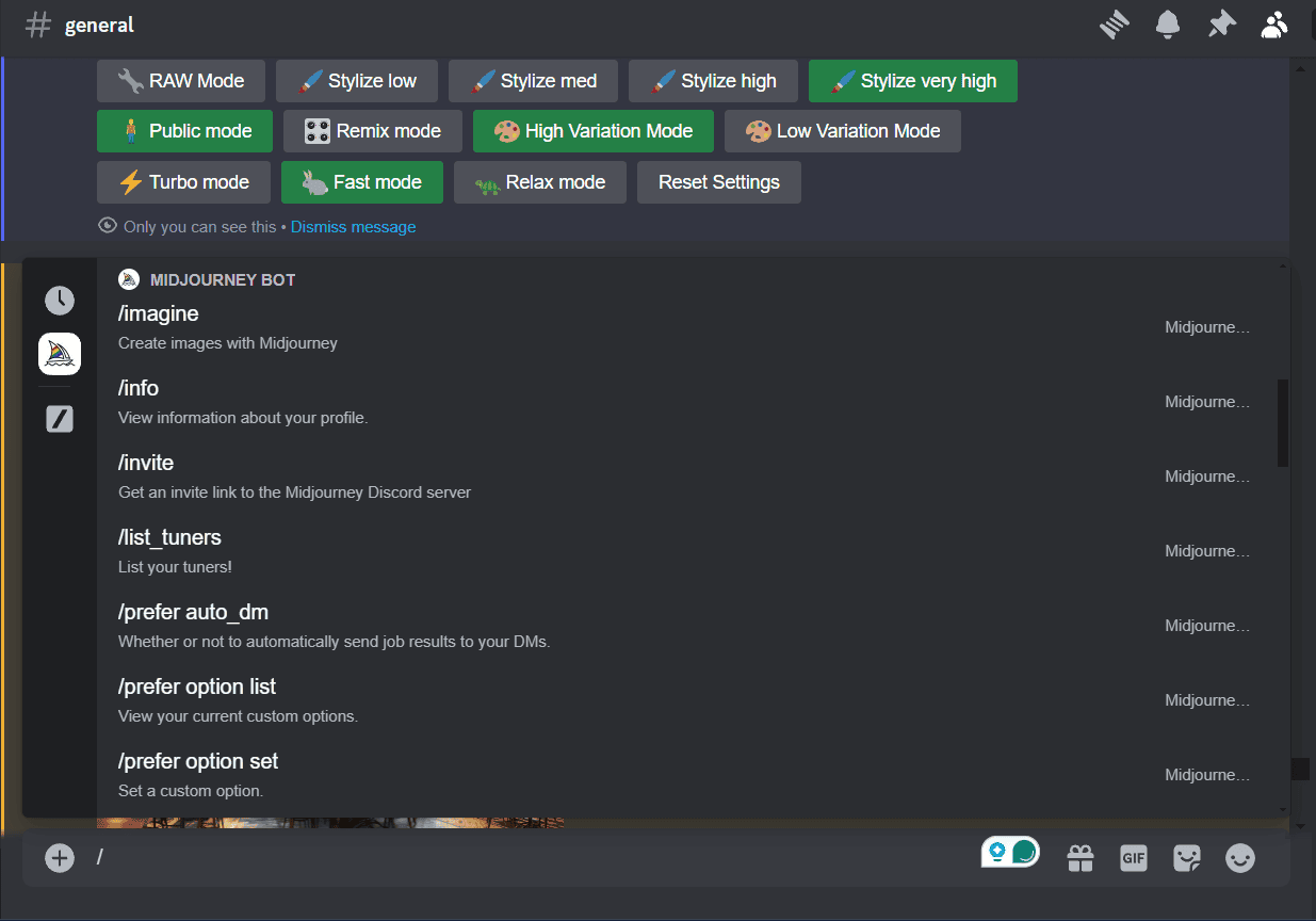 Midjourney settings panel Midjourney settings panel