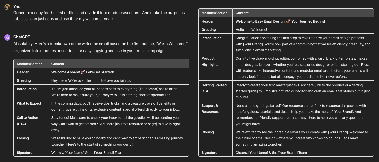 ChatGPT Generated email copy considering and not considering custom instructions