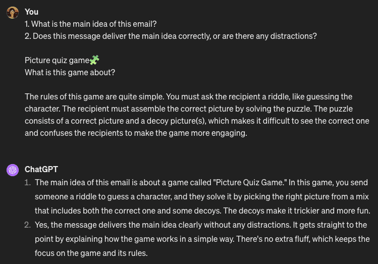Prompt asking ChatGPT to make sure our email campaign conveys the necessary message