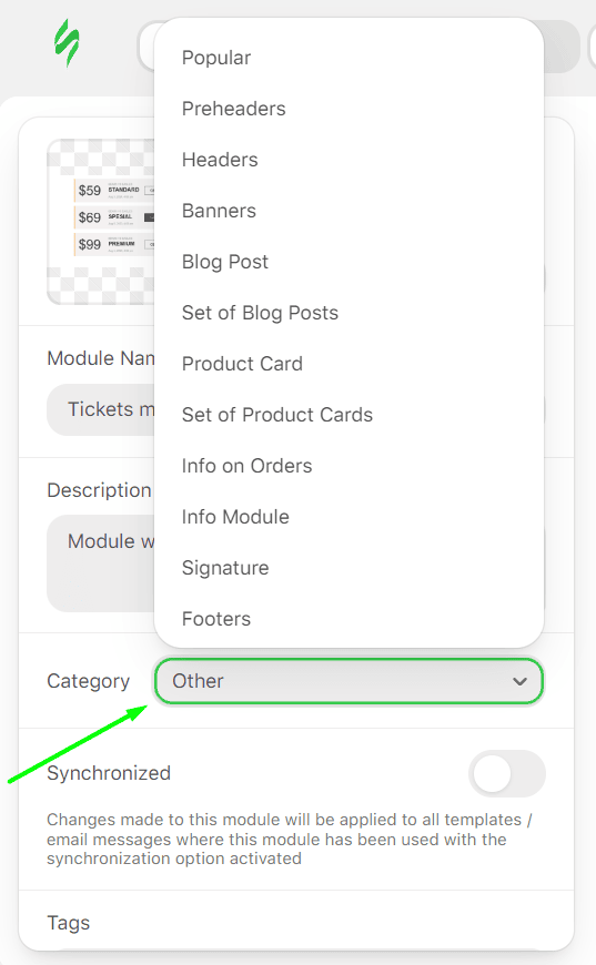 Choosing Module Category for Saving Choosing Module Category for Saving