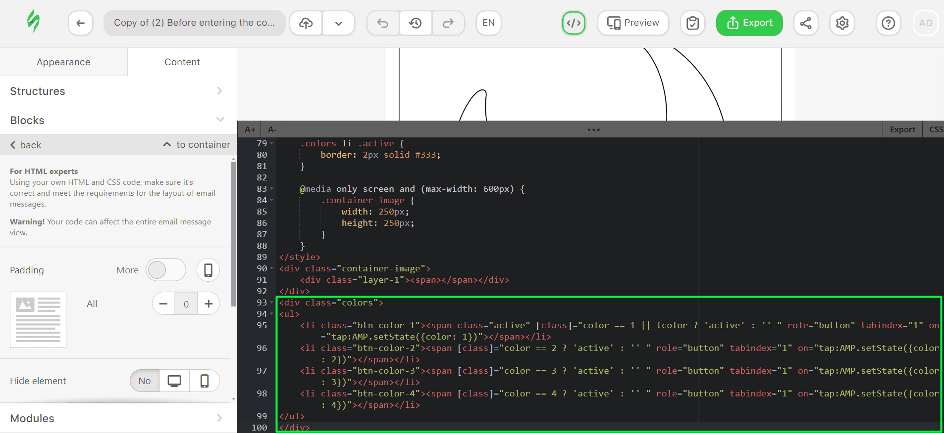 Код палітри після вставки Код палітри після вставки