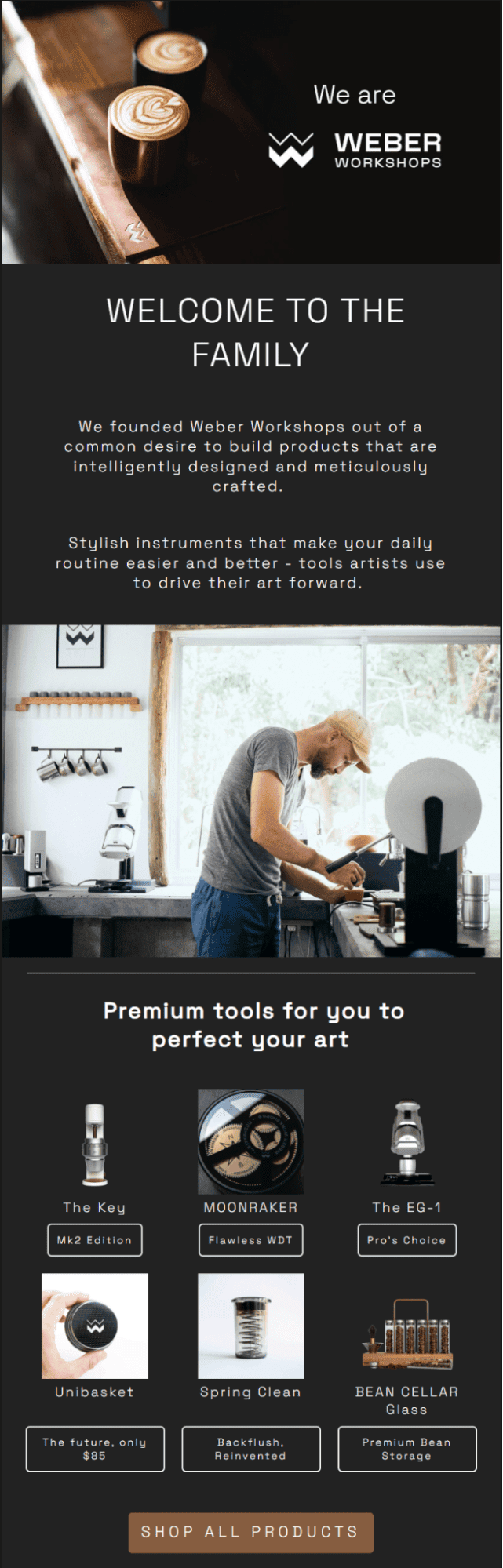 un'email con una storia sul negozio di Weber Workshops