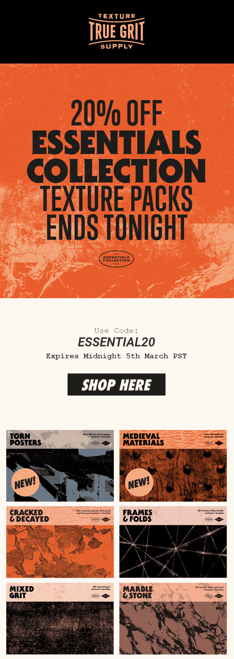 un'email con una promozione di True Grit Texture Supply