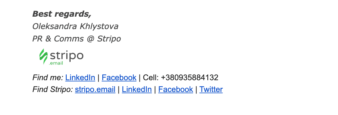 Contact details, with company name, logo, and social media