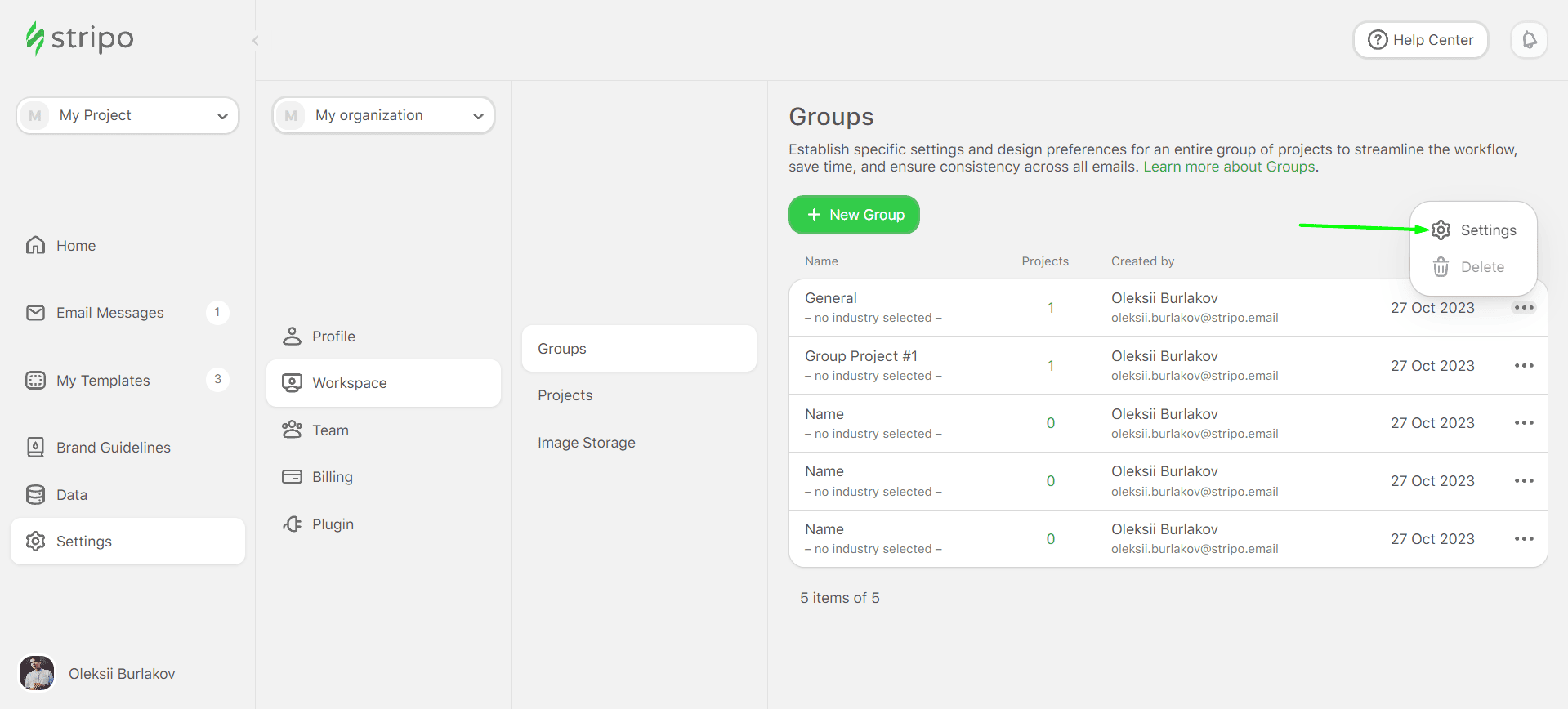 Workspace Groups Settings Workspace Groups Settings